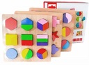 DREVENÉ PUZZLE MONTESSORI SÚPRAVA TRI GEOMETRICKÝCH POSTAVCOV HÁDANKY