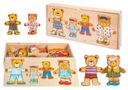 Drevené montessori puzzle 4 MEDVEĎI HÁDANKA EMÓCIE OBLEČENIE triedič mín