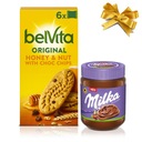 Čokoládová nátierka Milka + sušienky belVita, oriešky a med