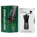 KÁVOVAR AEROPRESS GO SO 100 FILTRAMI + MLYNČEK HARIO MINI SLIM PLUS