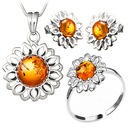 SET FLOWERS náušnice s príveskom prsteň vyrobený zo striebra BATURAL AMBER 925