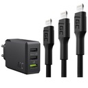 3x USB-A 30W nástenná nabíjačka + 3x LED Lightning kábel 0,3m 1,2m 2m