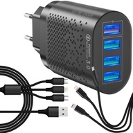 RÝCHLA NABÍJAČKA QC3.0 4xUSB 48W kábel 3v1 1,2m DLHÝ NAPÁJACÍ KÁBEL KÁBEL