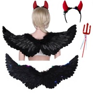 OUTFIT SET DEVIL DEVIL HALLOWEEN KRÍDLA HORN ČIERNE PIERKO LED VEĽKÉ