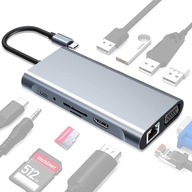 11V1 HUB ADAPTÉR TYP-C/USB 3.0 4K HDMI VGA ETHERNET RJ45 SD/TF ČÍTAČKA KARIET