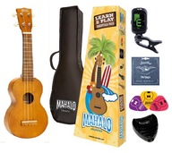 Drevené sopránové ukulele + ladička, struny, trsátka, DOPLNKY