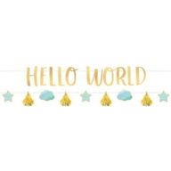 HELLO WORLD baby shower boy zlatý narodeninový banner