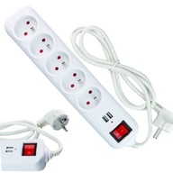 POWER STRIP predlžovací kábel 5 zásuviek 2x USB 1,5 m