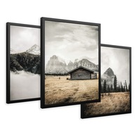 SET Zarámované obrazy plagáty vidiecka chata hory hmla triptych 43x99