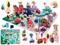 Drevené kocky puzzle city montessori podložka XXL