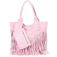 VERA PELLE semišová dámska shopper taška boho taška so strapcami C. PINK