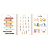 Sada 3 ks plagátov A3 MONTESSORI Náučná abeceda Čísla Farby Rôzne vzory
