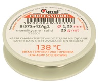 Cínová spájkovačka cievka 1,25mm/25g Bi57Sn42Ag1 nízkotaviteľný CYNEL 138°C