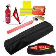 Sada v kufríku: trojuholníkový hasiaci prístroj, žltá vesta L, lekárnička, deka, fotoaparát, náustok