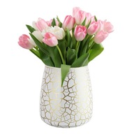 Váza na TULIPÁNY, Kvety, Sklo, ZDOBENÁ, Biela, Zlatá, výška 17 cm, DEKORÁCIA