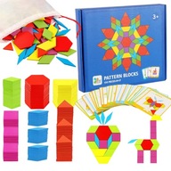 Drevené puzzle Tangram s kartovými geometrickými figúrkami Montessori logická hra