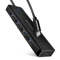 HUE-C1C 4-portový USB 5Gbps cestovný rozbočovač, USB-C napájanie IN, kábel Type-C 19 cm,