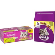 Whiskas kŕmna sada suché krmivo pre mačky 3,8kg vlhké krmivo vrecúška 40x85g