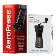 KÁVOVAR AEROPRESS SO 100 FILTRAMI + MLYNČEK HARIO MINI SLIM PLUS