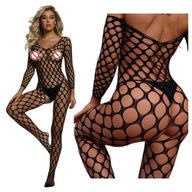 BLACK BODYSTOCKING SEXI sieťka, veľké otvory, zmyselné rukávy, otvorený rozkrok