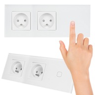 2x dvojitá biela elektrická zásuvka, sklenený panel + dotykový spínač LED