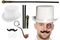 GENTLEMAN SET TOPPER BIELY MONOKLEL MUSTACHE CIK MOTÝLEK S KNOFKOU