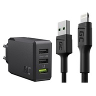 USB - Lightning kábel 1,2m + Green Cell 30W 3x USB-A nástenná nabíjačka