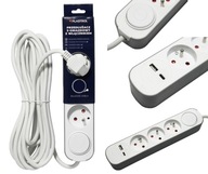 PREDLŽOVACÍ KÁBEL S VYPÍNAČOM 3x ZÁSUVKY 1,5M USB-A NABÍJAČKA USB-C PLASTROL