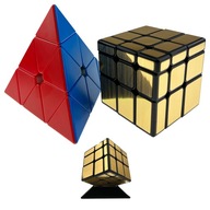 Pyramídová kocka Pyraminx + zrkadlová kocka 3x3 zlato + 2 podstavce