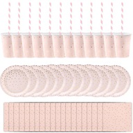 Sada papierových tanierov 18 cm, poháre 260 ml, slamky, obrúsky, ružové, 64 ks.