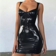 Latexové MINI šaty ČIERNA vypasované M/L