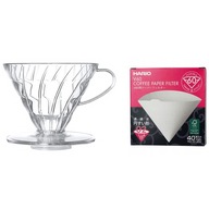 Prekvapkávač kávovaru Hario V60-02 priehľadný + filter Hario V60-02 40