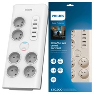 Predlžovací kábel Philips 2m 6 zásuviek + USB A a C