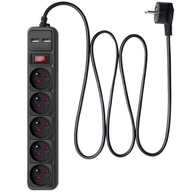 5-zásuvkový napájací pásik + 2xUSB proti prepätiu