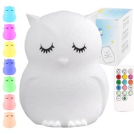 Detská stolová nočná lampa OWL, farebný SILIKÓN, Soft RGB + diaľkové ovládanie