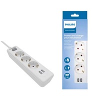 PHILIPS predlžovací kábel pre napájacie napätie, 3 zásuvky, 2 USB, 2 m, biely