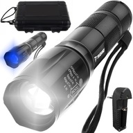 Vojenská taktická baterka Výkonná pátracia lampa CREE XPE LED ZOOM s UV batériou + puzdro