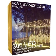 ZÁCLONY SVETLO GARLAND ICILS LED LAMPY 8 REŽIMOV TEPLÁ BIELA ​​3x3m