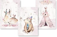 Sada 3 ks plagátov A3 Boho Animals Deer Pink