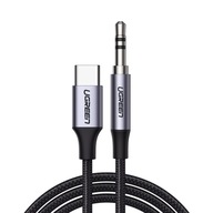 Opletený audio kábel USB-C - mini jack 3,5mm, 1m, sivý