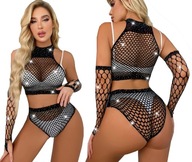 TELOVÁ SIEŤKA EROTICKÝ JUMPIT + NOHAVIČKY SEXY TOP ZIRKONIOVÁ BODYSTOCKING