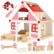 Drevený domček pre bábiky, biely, ružový + nábytok, 36 cm