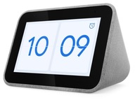 Lenovo Smart Clock so sivým prenosným reproduktorom Google Assistant