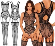 Módne vypasované bodystocking s výšivkou, S/L, čierne