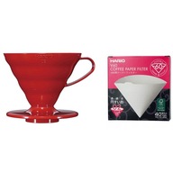 Prekvapkávač kávovar Hario V60-02 červený + filter Hario V60-02 40 ks