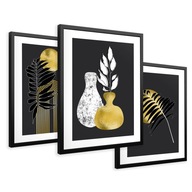 SET Zarámované obrazy plagáty zlaté listy monstera triptych 43x99