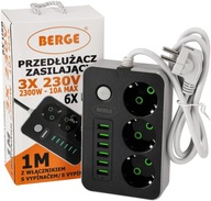 Napájací predlžovací kábel 3 zásuvky + 6x USB 1M KÁBEL