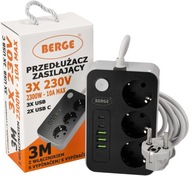 Napájací predlžovací kábel 3x230V + 3xUSB + 2xUSBmu 3m