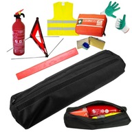 Sada v kufríku: trojuholníkový hasiaci prístroj, žltá vesta L, lekárnička, náustok, rukavice