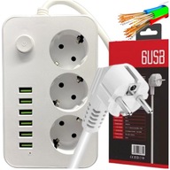 POWER STRIP 6 USB PREdlžovací kábel 3 ZÁSUVKY PROTI PREPÄŤOVÉMU LED 2M 2500W